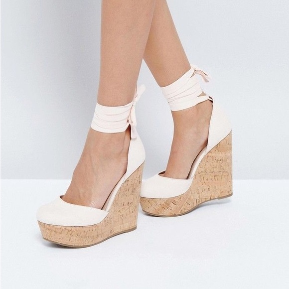 ASOS Ballet Tie Nude Wedge Heels Size 10 - Picture 1 of 5